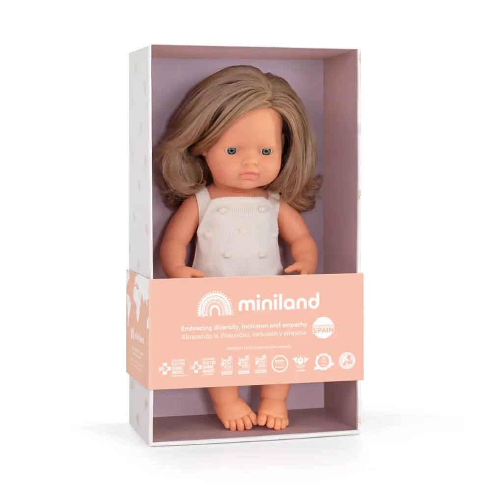 Miniland | Caucasian Dark Blonde Doll with Cream Romper